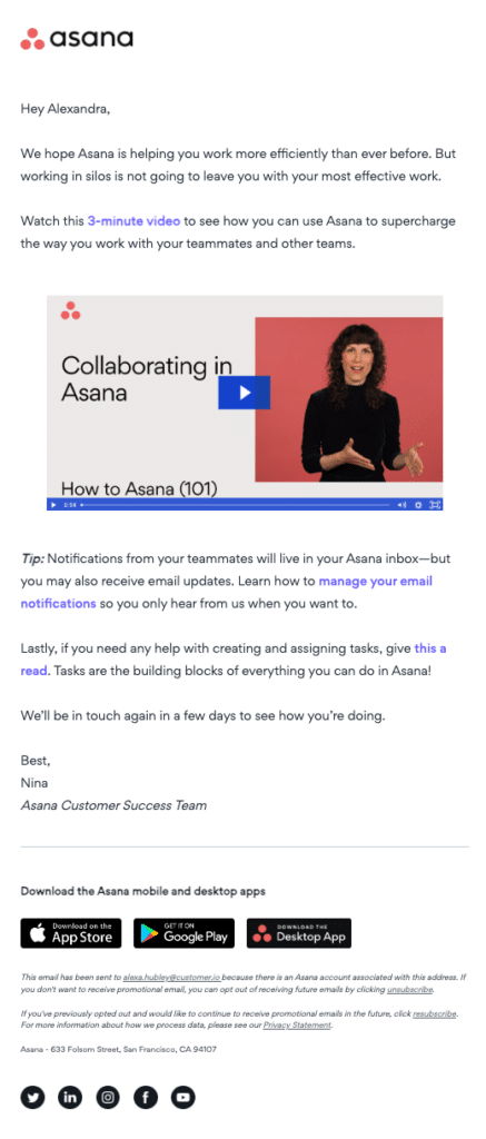 Onboarding email: Asana